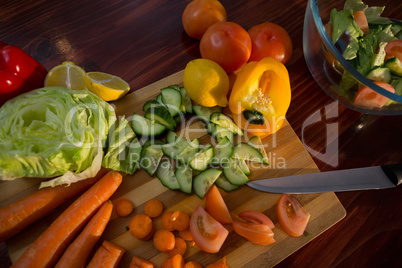 Overhead of fresh vegetables on chopping board