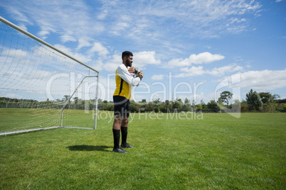 Goalkeeper holding football in front of goal post