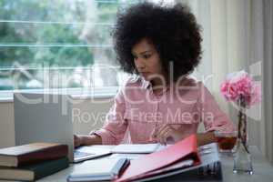 Woman using laptop at home