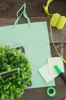 Paper bag with headphones, plant and stationery on wooden surface