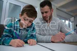 Father assisting son in his studies