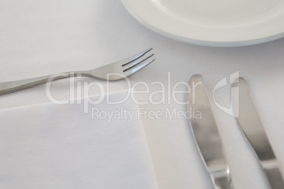 Cutlery with napkin arranged on white background