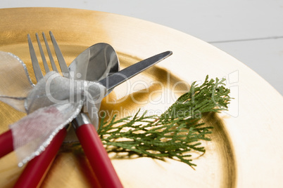 Pine cone with cutlery tied up with a ribbon in a plate