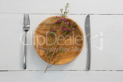 Elegance table setting on wooden plank