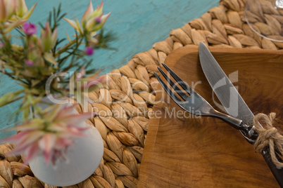 Table setting on weathered wooden plank