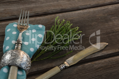 Place setting equipment on wooden plank