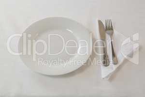 Plate, cutlery set and napkin on table