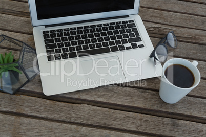 Laptop, spectacles, black coffee and pot plant on wooden plank