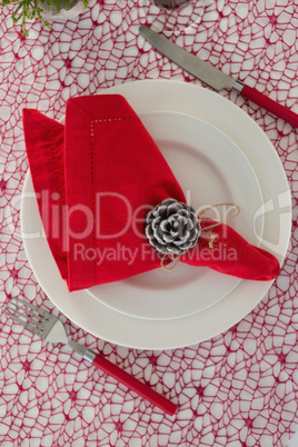 Pine cone and napkin on a plate with fork and butter knife
