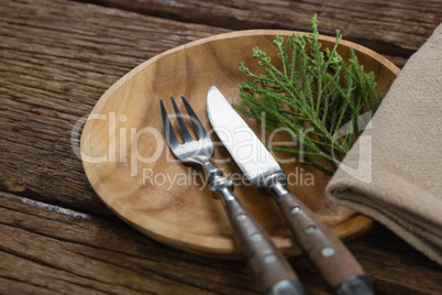 Flora and cutlery arranged on plate with table cloth