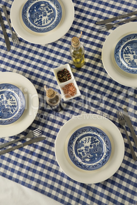 Plates, cutlery, spices and olive oil arranged on table