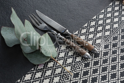 Fork, butter knife with leaf on a table cloth