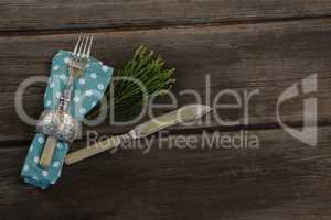 Place setting equipment on wooden plank
