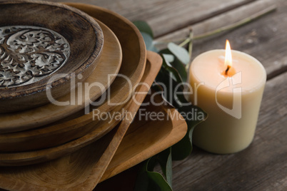 Table setting on wooden plank