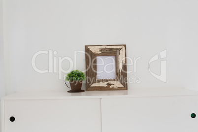 Picture frame and pot plant on table