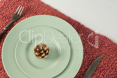 Pine cone on a plate with fork and butter knife