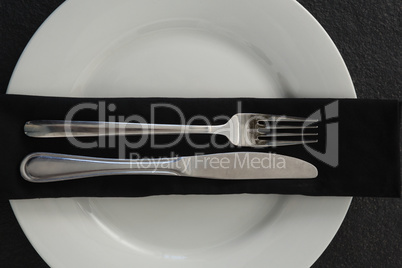 Plate and cutlery set on table