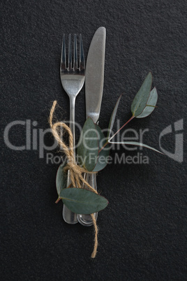 Fork, butter knife tied up with leaf on black background