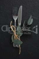 Fork, butter knife tied up with leaf on black background