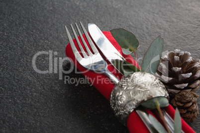 Fork, butter knife, leaf and napkin with pine cone