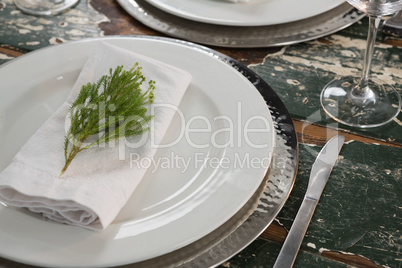 Table setting on weathered wooden plank