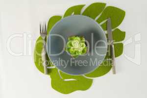 Flower in bowl with fork and butter knife on a table cloth