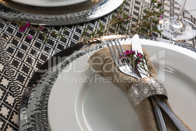Elegance table setting on tablecloth