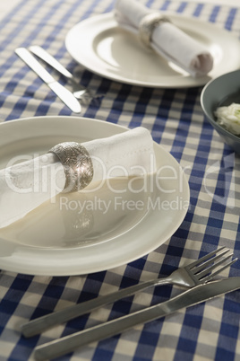 Rolled up napkin and cutlery arranged on table