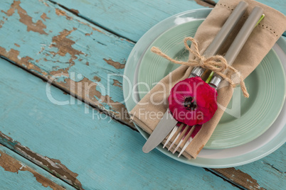 Table setting on weathered wooden plank