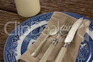 Cutlery and napkin on plate