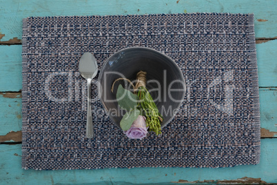 Table setting on weathered wooden plank