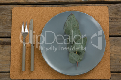 Elegant table setting with leaf and cutlery