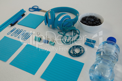 Headphones, blueberries, water bottle and stationery on white background