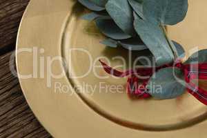 Leaf tied up with ribbon in a plate