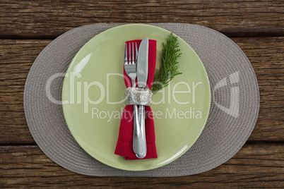 Cutlery with napkin and fern in a plate