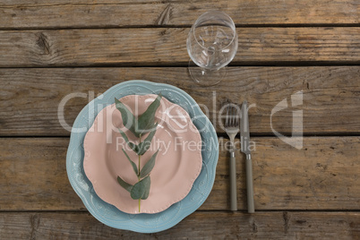 Leaf arranged on plates with empty wine glass and cutlery