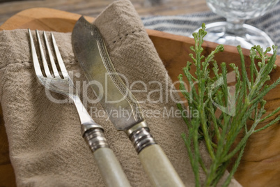 Flora, napkin and cutlery arranged on plate with table cloth