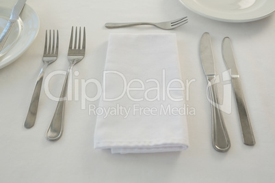 Cutlery with napkin arranged on white background