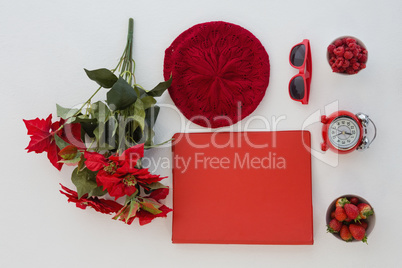 Fruits, file, sunglasses, alarm clock, flower and beanie cap on white background