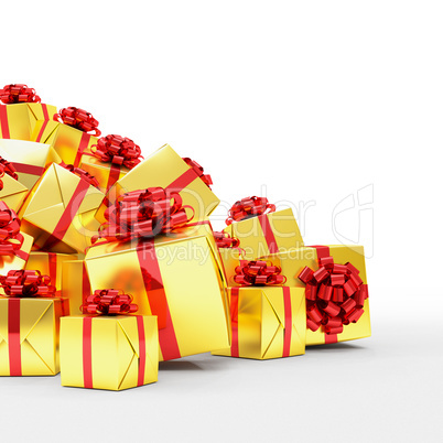 3d render - Golden christmas gift boxes with red ribbons