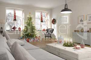 3d render of a nordic living room with christmas tree