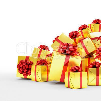 3d render - Golden christmas gift boxes with red ribbons