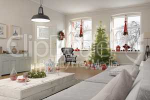 3d render of a nordic living room with christmas tree