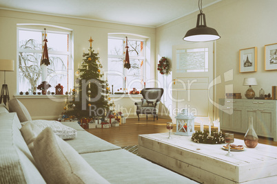 3d render of a nordic living room with christmas tree - retro lo