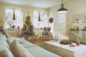 3d render of a nordic living room with christmas tree - retro lo