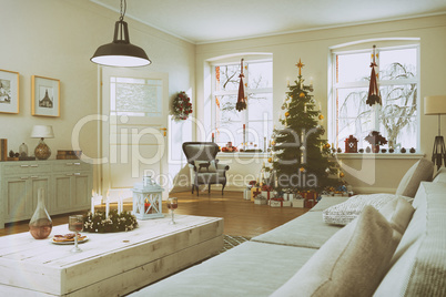 3d render of a nordic living room with christmas tree - retro lo