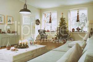 3d render of a nordic living room with christmas tree - retro lo