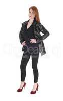 Woman standing in leather jacket