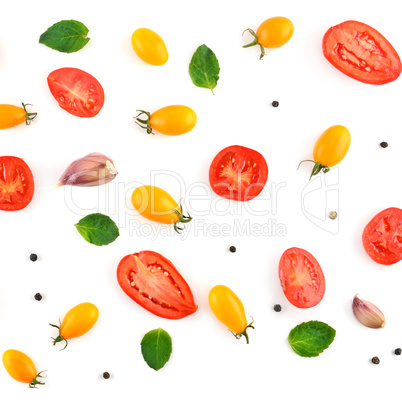 Healthy food background.Tomatoes and spices isolated on white ba