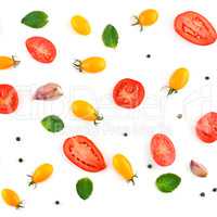 Healthy food background.Tomatoes and spices isolated on white ba